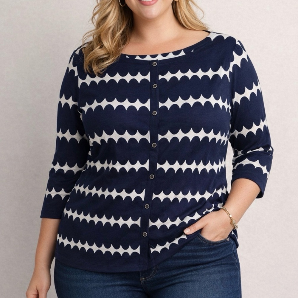 Talbots Blue White Boatneck 3/4 Sleeve Cotton Knit Top Plus Size 1X Workwear